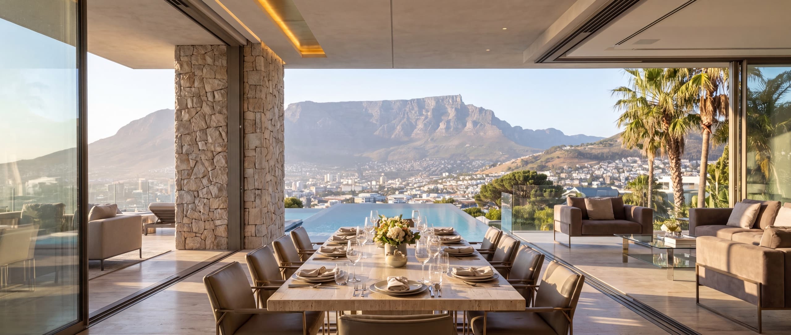Terrace dining table beside an infinity pool, overlooking Table Mountain and the city