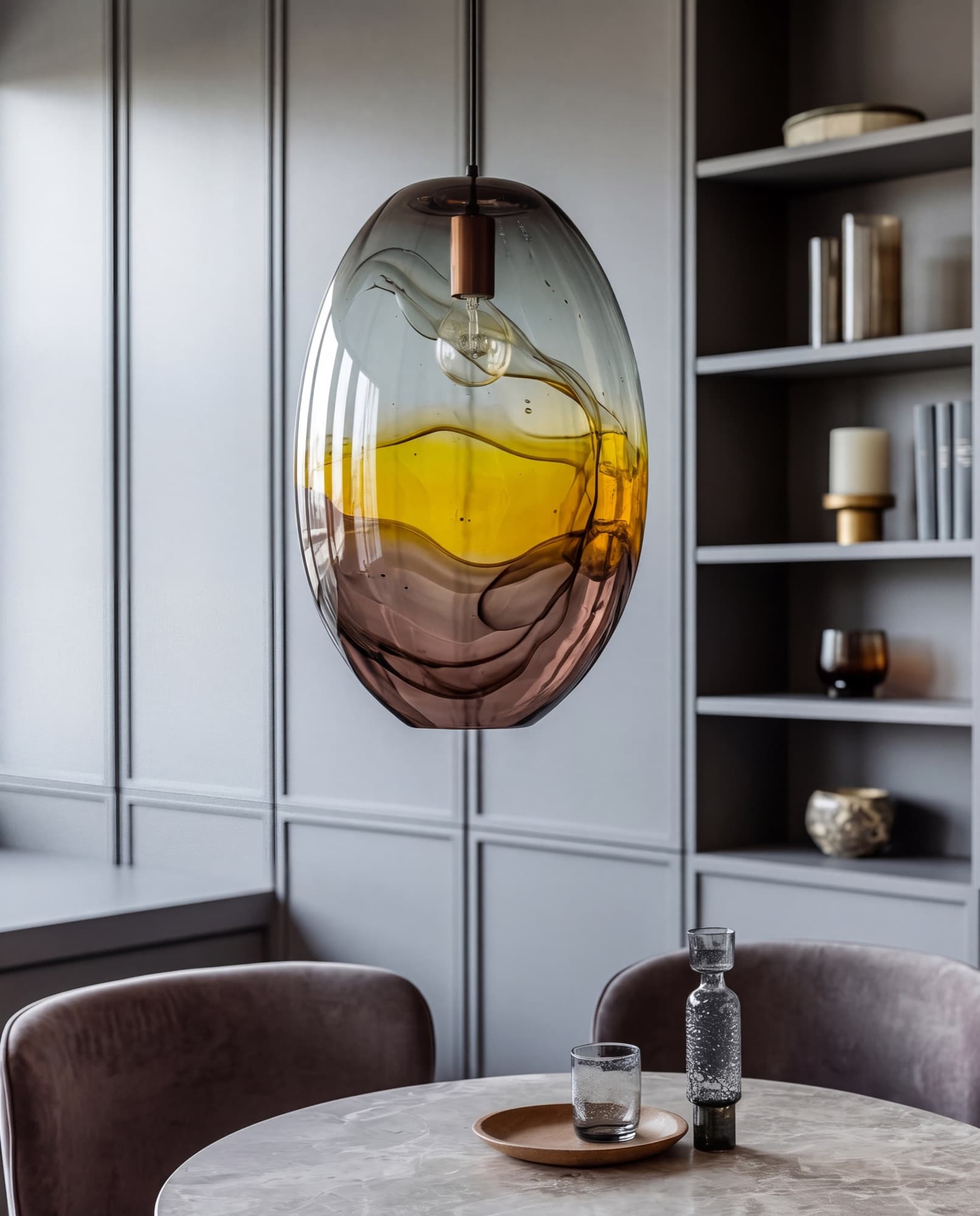 Amber blown glass pendant lamp over a marble dining table, with a styled bookshelf behind