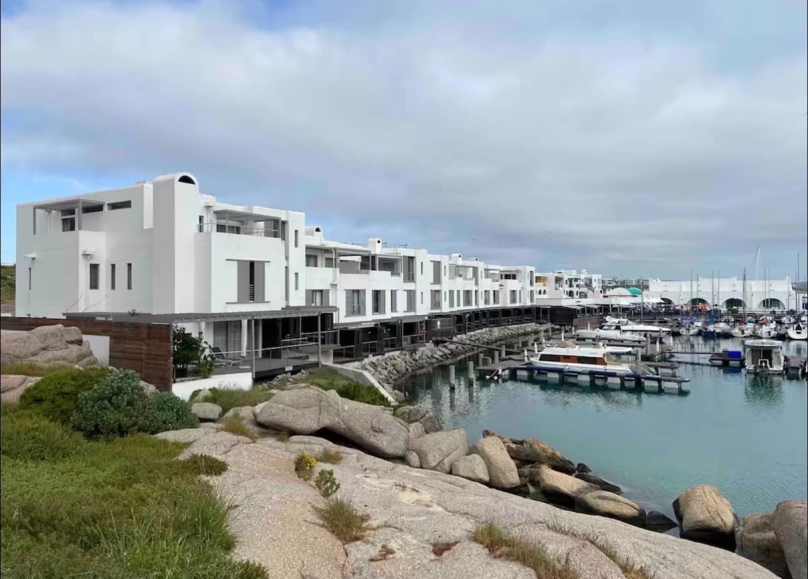 White Cycladic style buildings along the Langebaan Lagoon marina