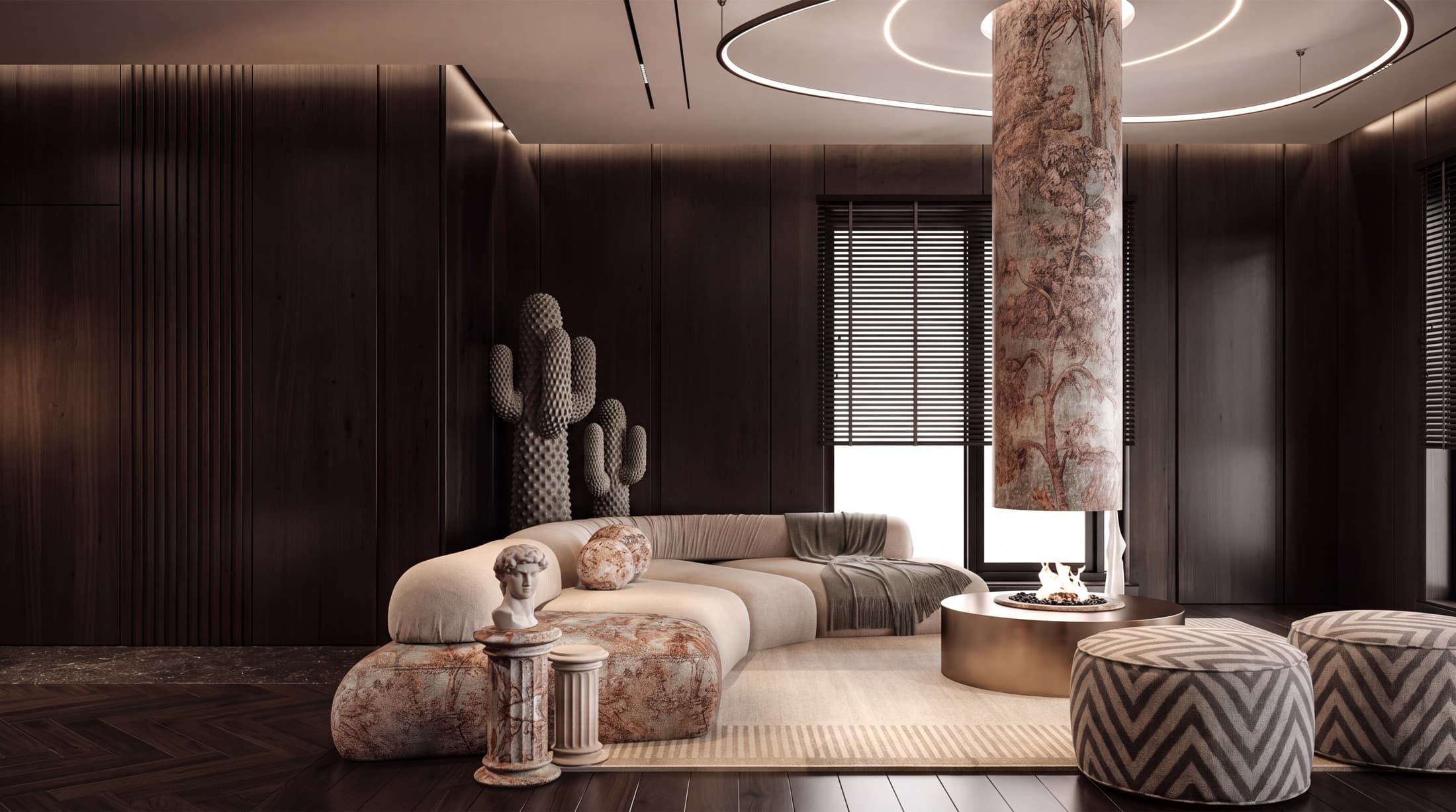 Moody lounge with a marble fireplace column and patterned ottomans