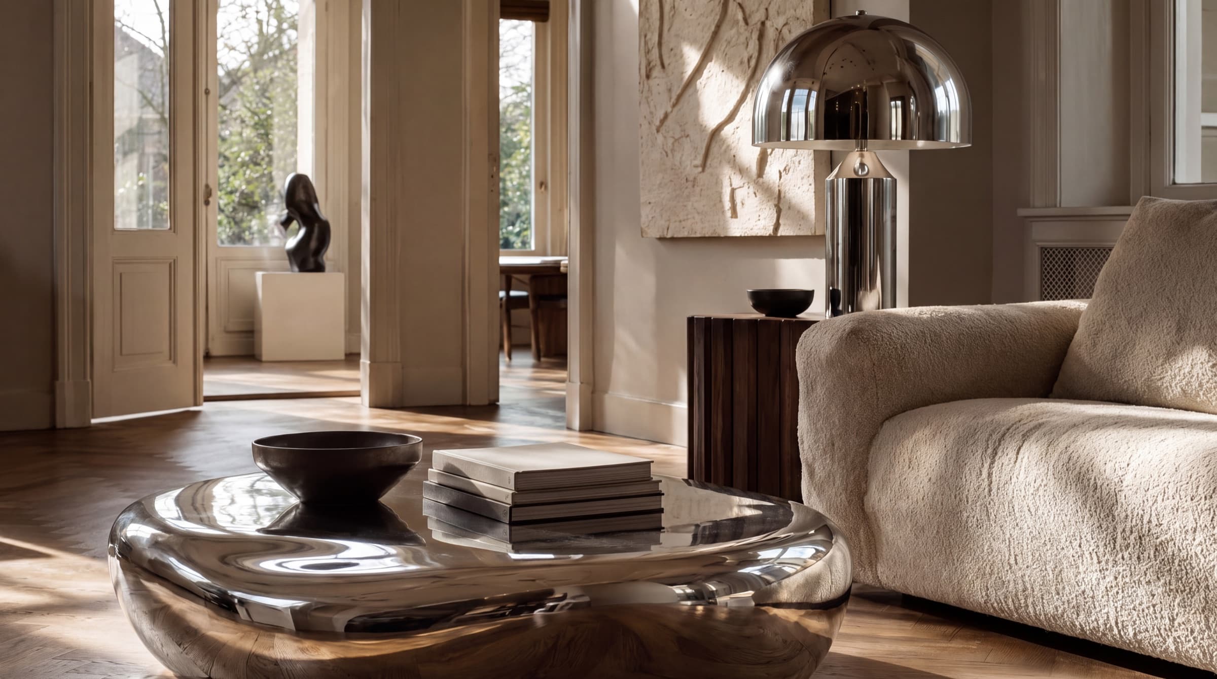 Sunlit period living room with a sculptural coffee table and a chrome dome lamp