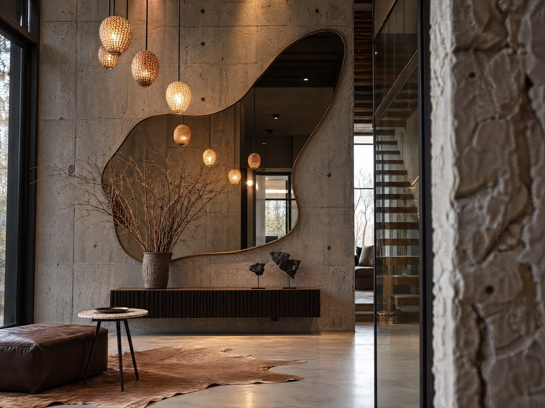 Styled entryway with a curved mirror, layered pendant lighting, and a console dressed with branches and sculptural objects